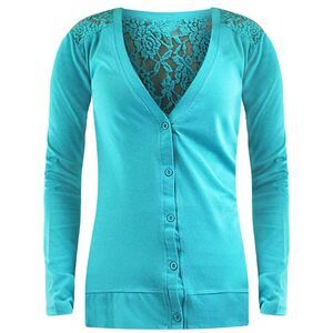 V-Neck Button Down Sweater With Sheer Lace Back